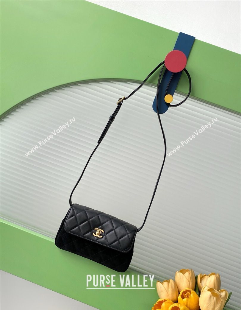 Chanel Suede Lambskin Phone Holder with Strap Black2 2025 AP4677 (yezi-250703053)