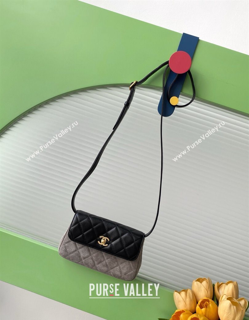 Chanel Suede Lambskin Phone Holder with Strap Grey/Black 2025 AP4677 (yezi-250703054)