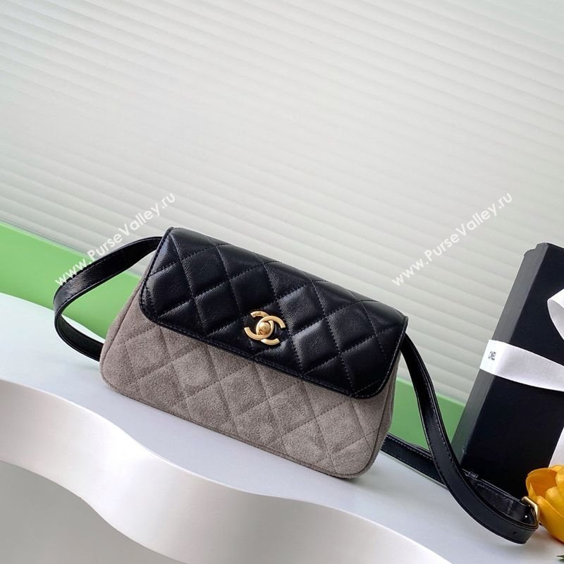 Chanel Suede Lambskin Phone Holder with Strap Grey/Black 2025 AP4677 (yezi-250703054)