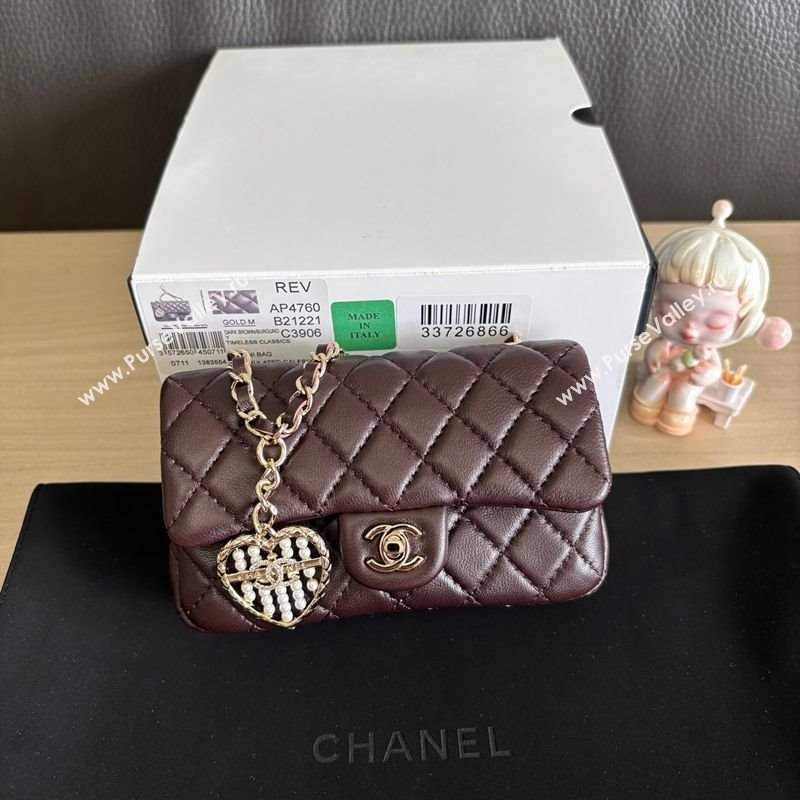 Chanel Lambskin Classic Mini Bag with hook and Heart Charm Dark Brown 2025 AP4760 (yezi-250703046)
