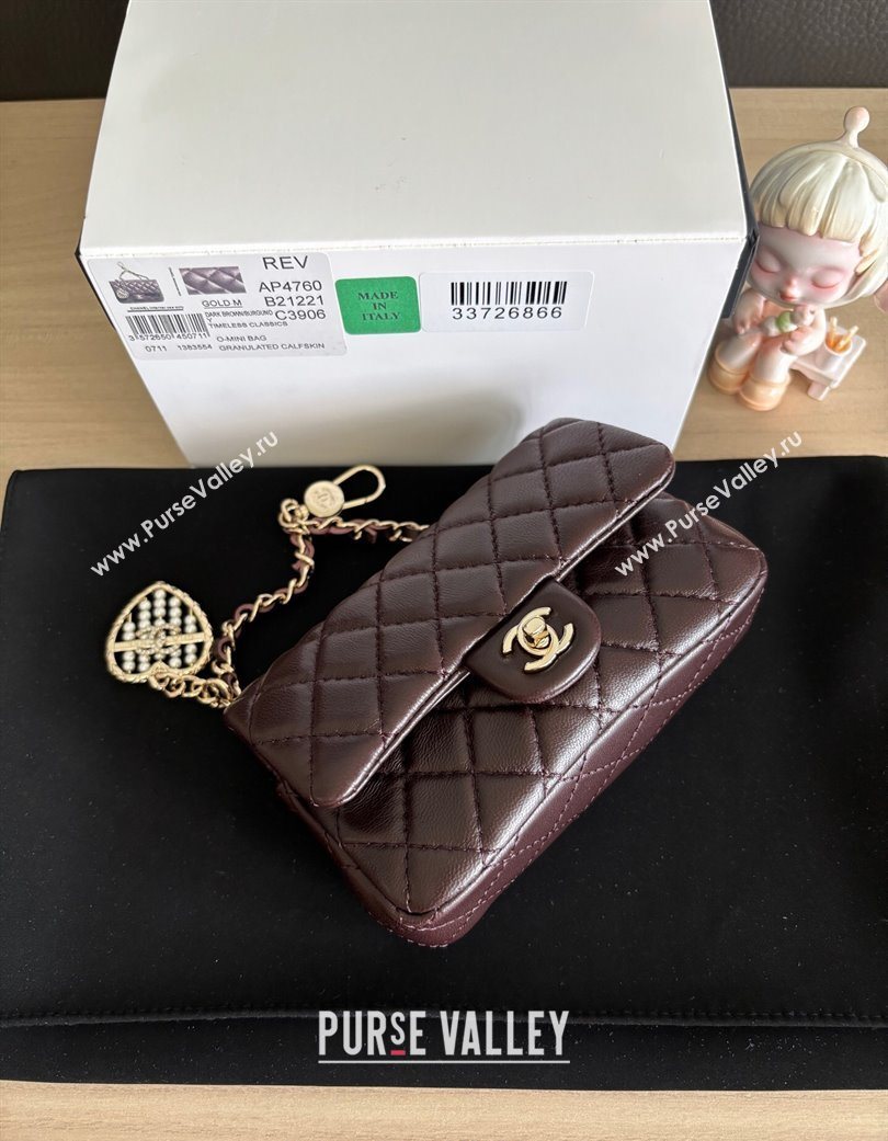 Chanel Lambskin Classic Mini Bag with hook and Heart Charm Dark Brown 2025 AP4760 (yezi-250703046)