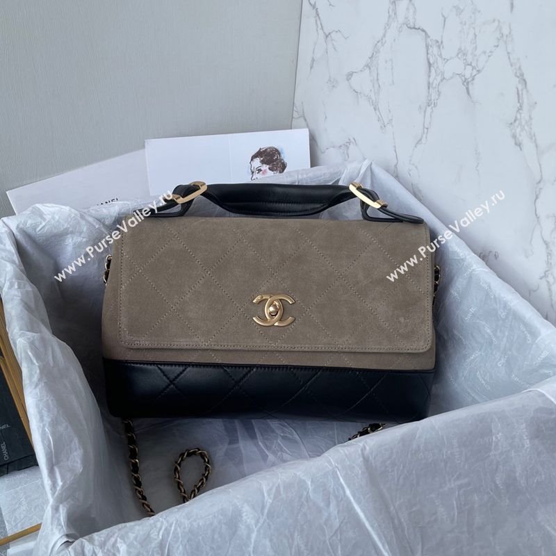 Chanel Suede Lambskin Large Flap Bag with Top Handle Grey/Black 2025 AS5637 (yezi-250703008)