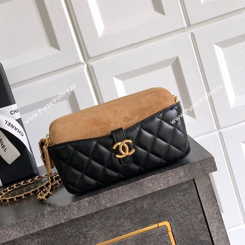 Chanel Suede Shiny Lambskin Zipped Phone Holder with Chain Black/Beige 2025 AP4743 (yezi-250703040)