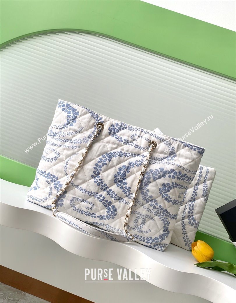 Chanel Printed Denim Shopping Bag White/Blue 2025 AS5429 (yezi-250702095)