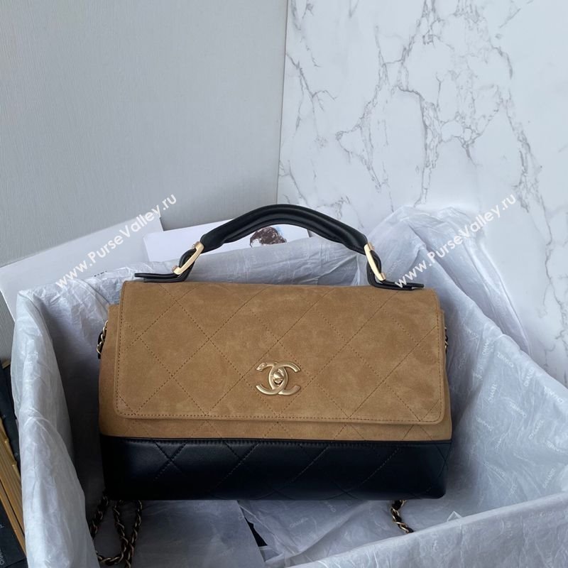 Chanel Suede Lambskin Large Flap Bag with Top Handle Beige/Black 2025 AS5637 (yezi-250703009)