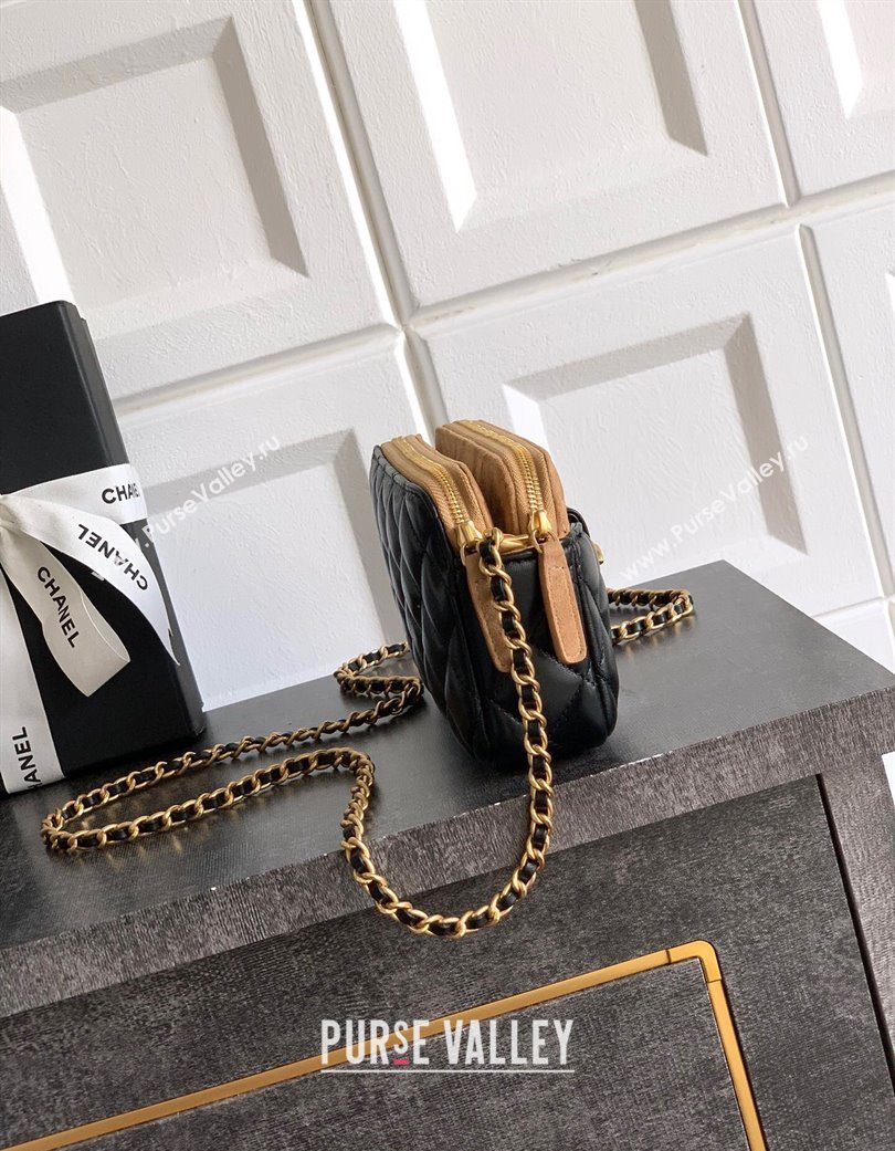 Chanel Suede Shiny Lambskin Zipped Phone Holder with Chain Black/Beige 2025 AP4743 (yezi-250703040)