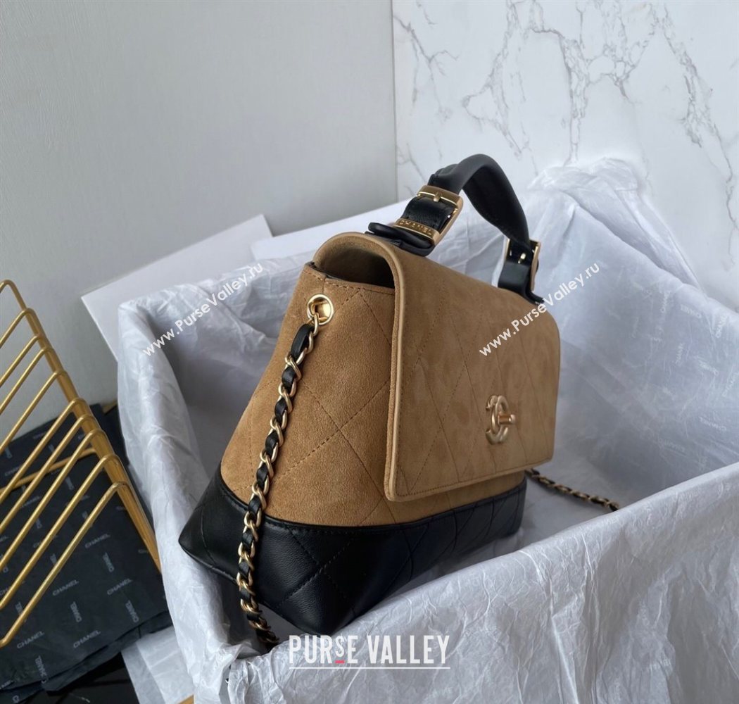 Chanel Suede Lambskin Large Flap Bag with Top Handle Beige/Black 2025 AS5637 (yezi-250703009)