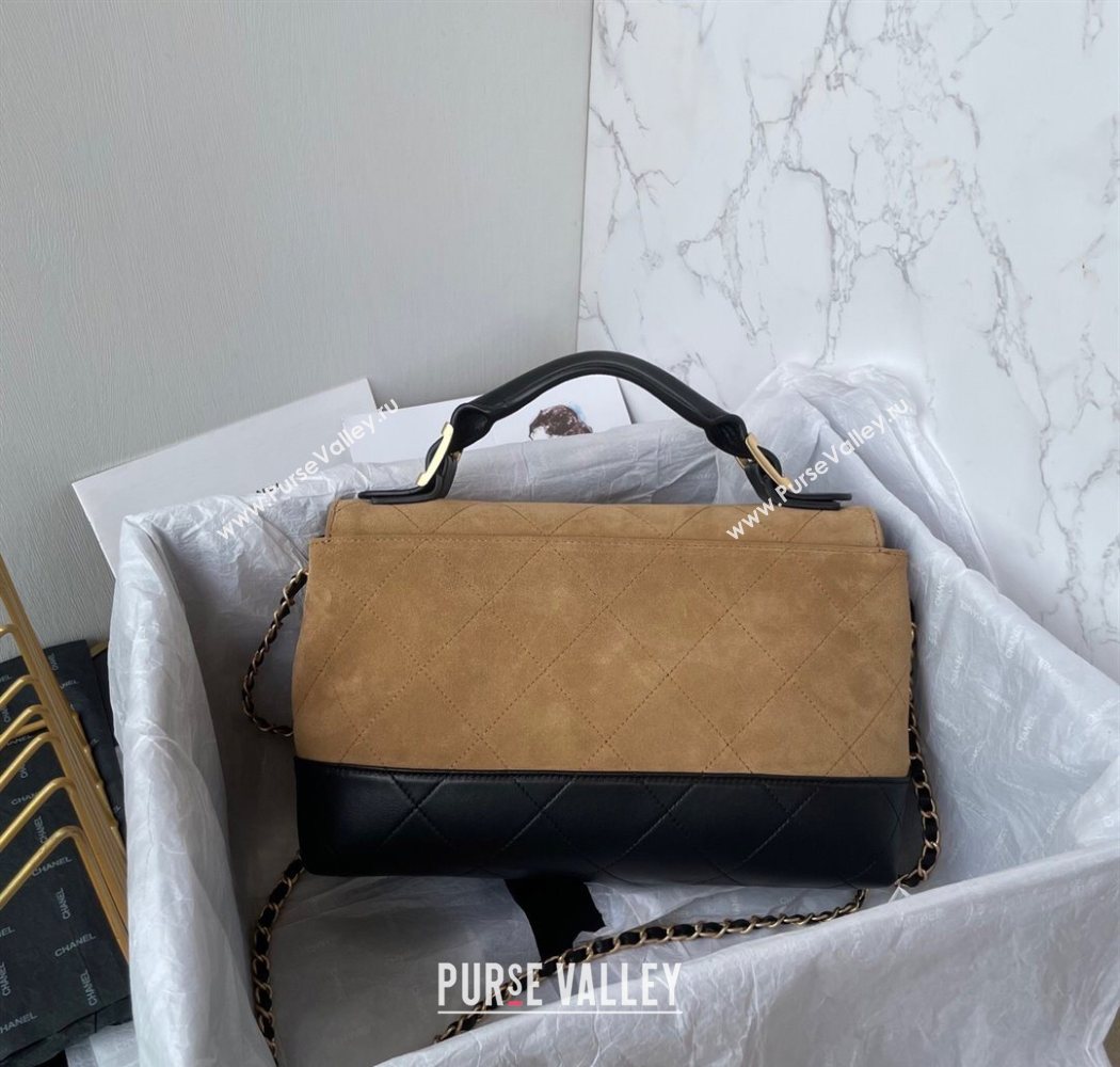 Chanel Suede Lambskin Large Flap Bag with Top Handle Beige/Black 2025 AS5637 (yezi-250703009)