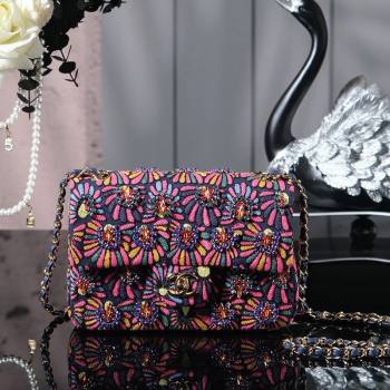 Chanel Mixed Fiber Embroidery Mini Classic Flap Bag Navy Blue/Multicolored 2025 A69900 (yezi-250703043)