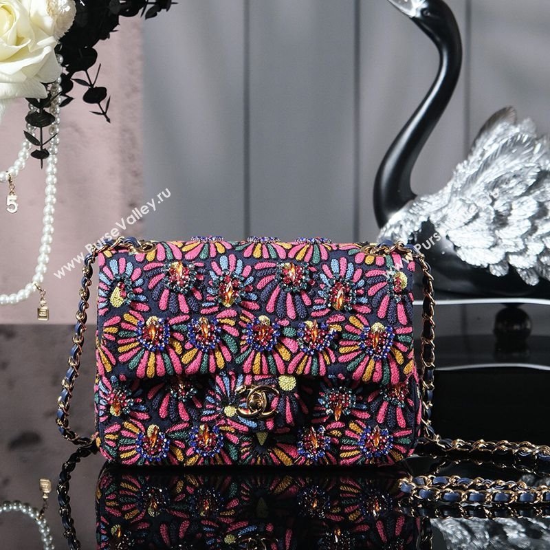 Chanel Mixed Fiber Embroidery Mini Classic Flap Bag Navy Blue/Multicolored 2025 A69900 (yezi-250703043)