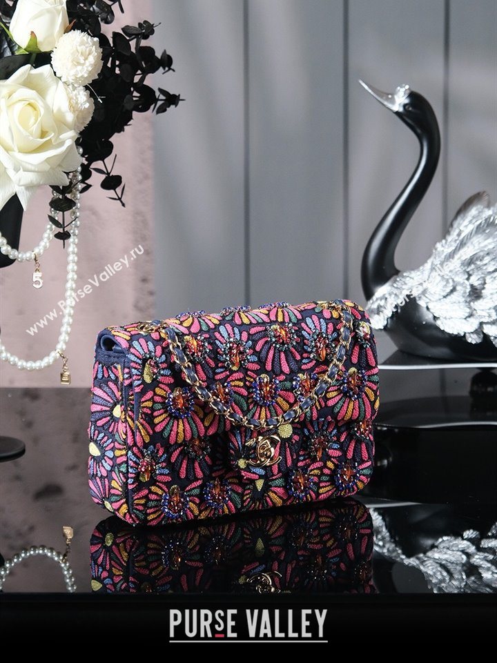 Chanel Mixed Fiber Embroidery Mini Classic Flap Bag Navy Blue/Multicolored 2025 A69900 (yezi-250703043)