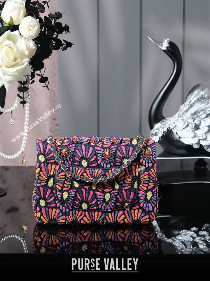 Chanel Mixed Fiber Embroidery Mini Classic Flap Bag Navy Blue/Multicolored 2025 A69900 (yezi-250703043)