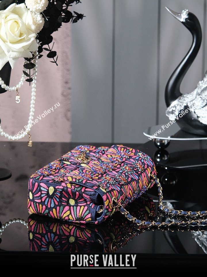 Chanel Mixed Fiber Embroidery Mini Classic Flap Bag Navy Blue/Multicolored 2025 A69900 (yezi-250703043)