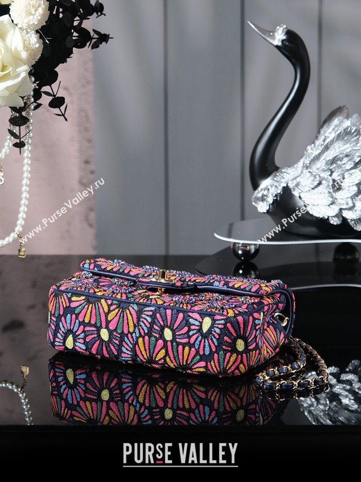 Chanel Mixed Fiber Embroidery Mini Classic Flap Bag Navy Blue/Multicolored 2025 A69900 (yezi-250703043)