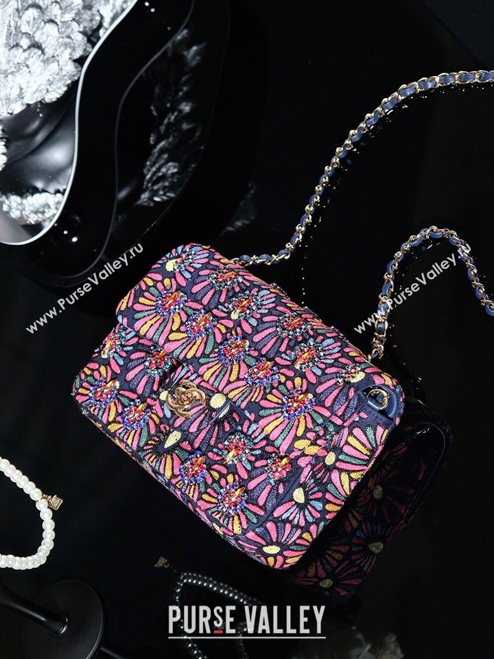 Chanel Mixed Fiber Embroidery Mini Classic Flap Bag Navy Blue/Multicolored 2025 A69900 (yezi-250703043)