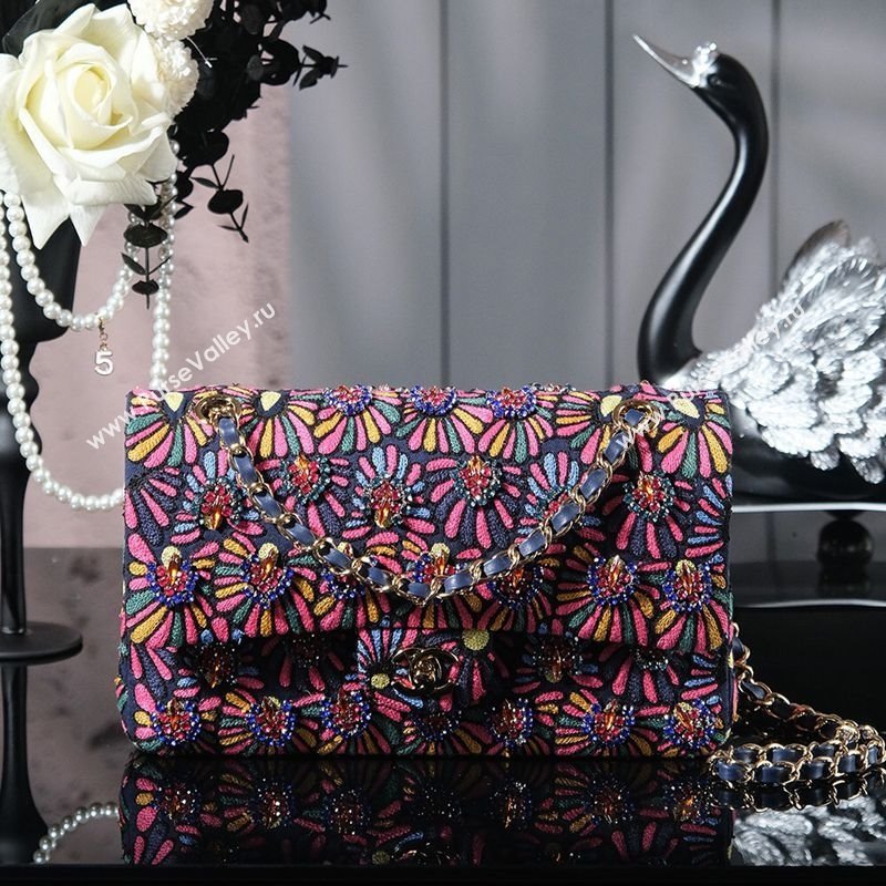 Chanel Mixed Fiber Embroidery Classic Medium Flap Bag A01112 Navy Blue/Multicolored 2025 (yezi-250703044)