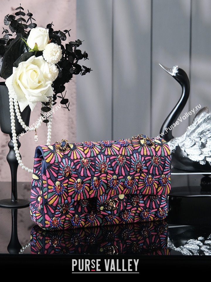 Chanel Mixed Fiber Embroidery Classic Medium Flap Bag A01112 Navy Blue/Multicolored 2025 (yezi-250703044)