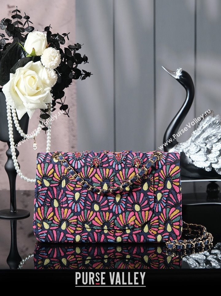 Chanel Mixed Fiber Embroidery Classic Medium Flap Bag A01112 Navy Blue/Multicolored 2025 (yezi-250703044)