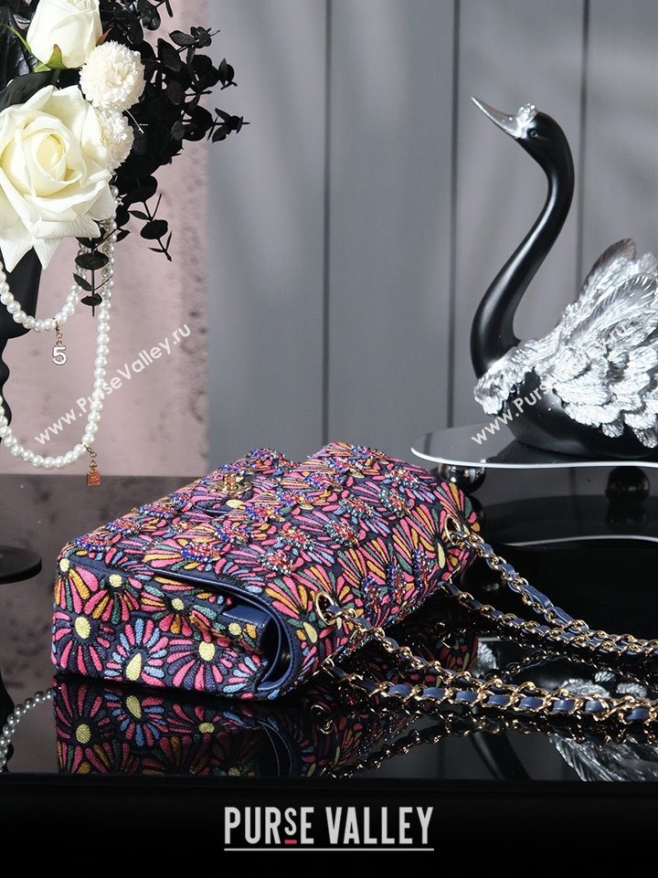 Chanel Mixed Fiber Embroidery Classic Medium Flap Bag A01112 Navy Blue/Multicolored 2025 (yezi-250703044)