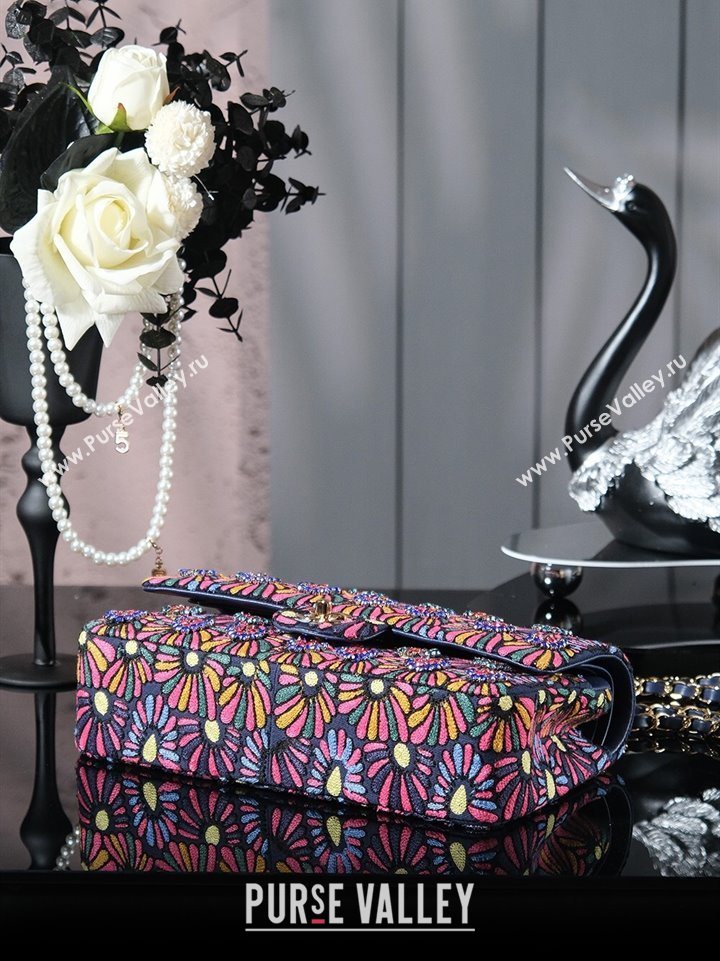 Chanel Mixed Fiber Embroidery Classic Medium Flap Bag A01112 Navy Blue/Multicolored 2025 (yezi-250703044)
