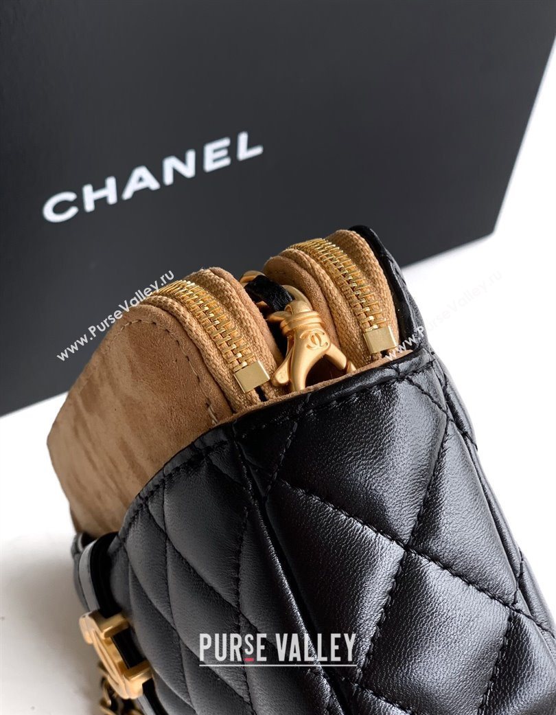 Chanel Suede Shiny Lambskin Zipped Phone Holder with Chain Black/Beige 2025 AP4743 (yezi-250703040)