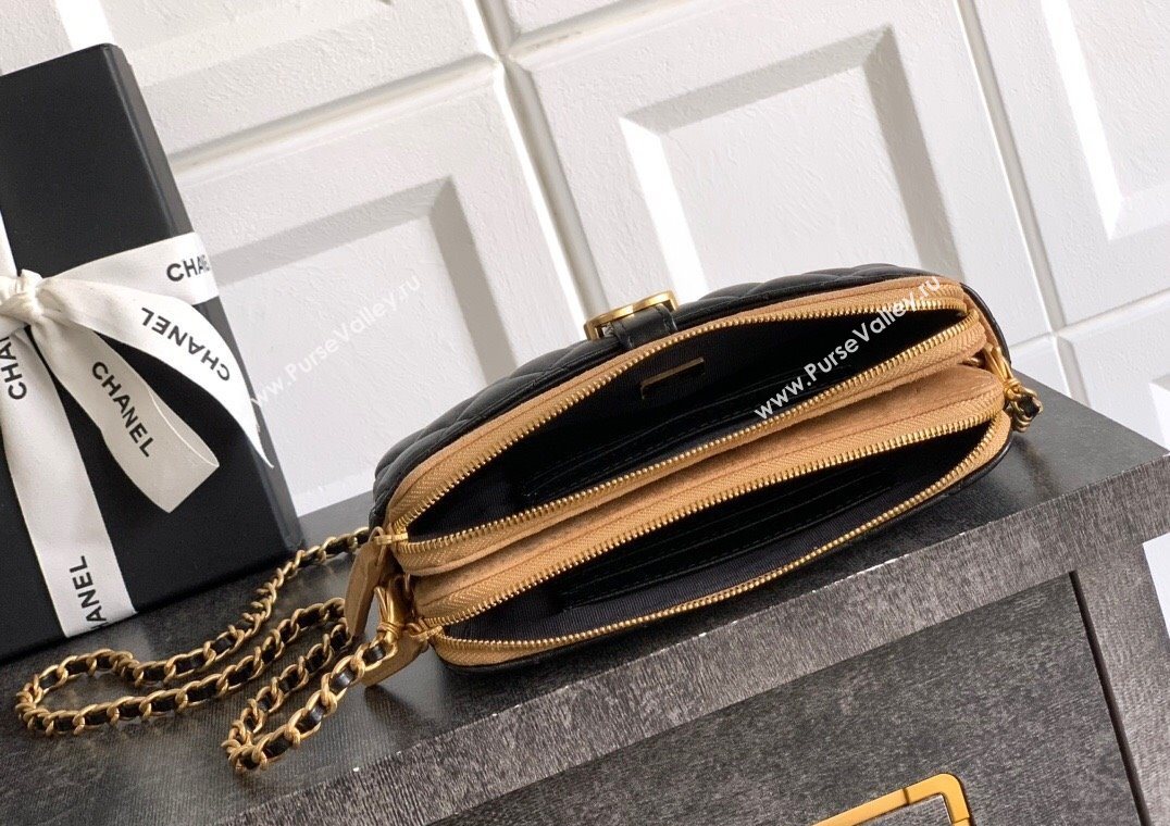 Chanel Suede Shiny Lambskin Zipped Phone Holder with Chain Black/Beige 2025 AP4743 (yezi-250703040)