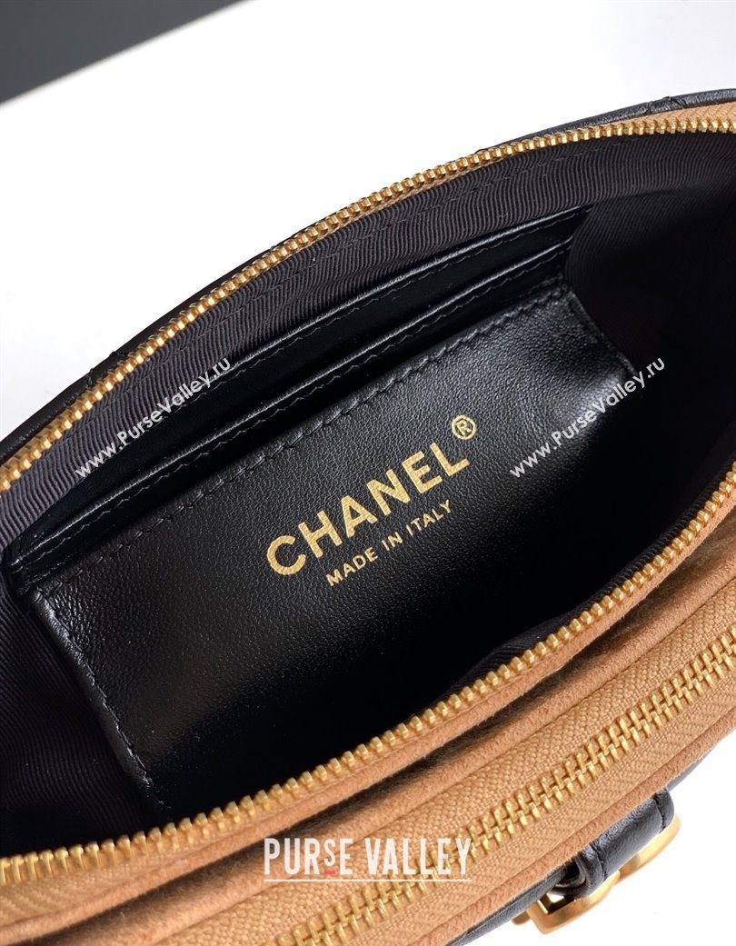 Chanel Suede Shiny Lambskin Zipped Phone Holder with Chain Black/Beige 2025 AP4743 (yezi-250703040)