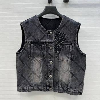 Chanel Black Denim Jacket with Camellia 2025 0704 (QI-250704012)