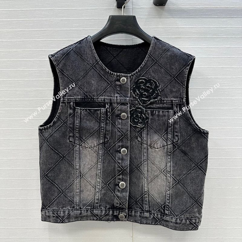 Chanel Black Denim Jacket with Camellia 2025 0704 (QI-250704012)