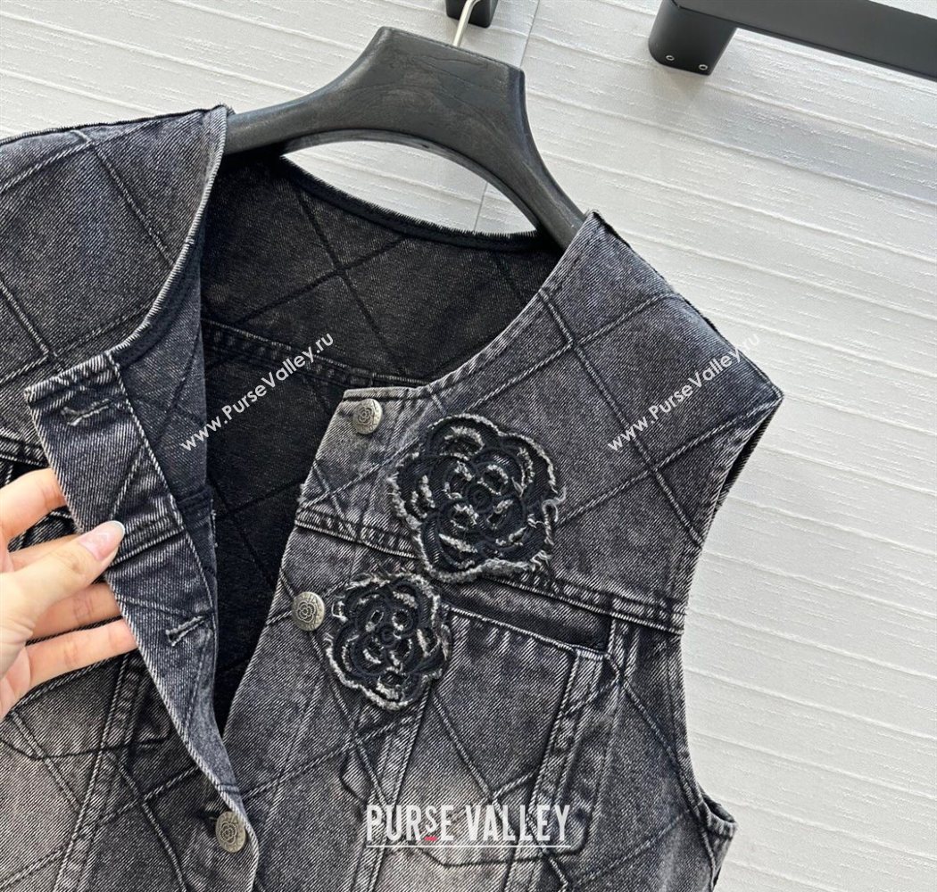 Chanel Black Denim Jacket with Camellia 2025 0704 (QI-250704012)
