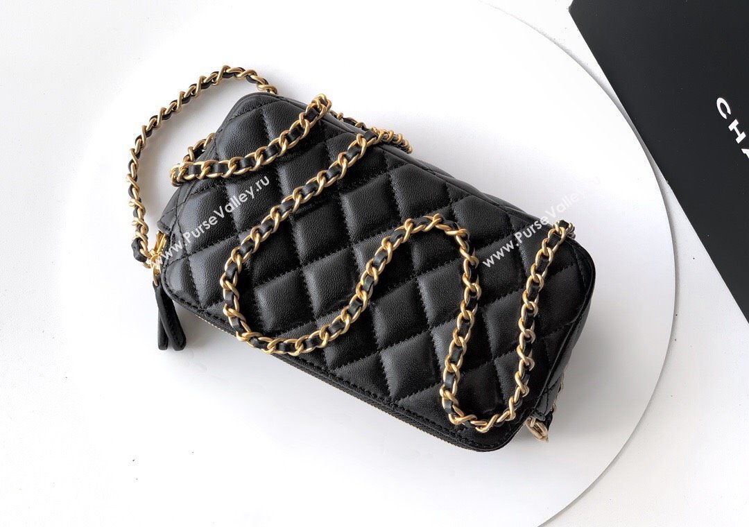 Chanel Calfskin Shiny Lambskin Zipped Phone Holder with Chain Black 2025 AP4743 (yezi-250812068)