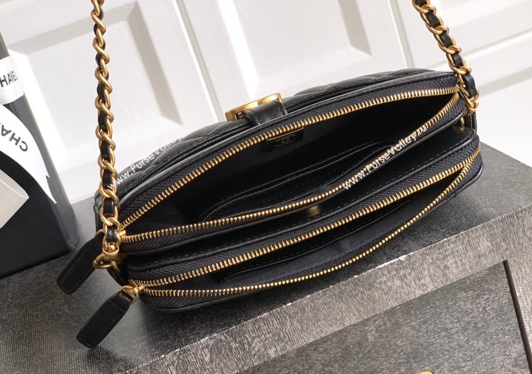 Chanel Calfskin Shiny Lambskin Zipped Phone Holder with Chain Black 2025 AP4743 (yezi-250812068)