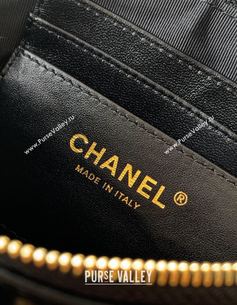 Chanel Calfskin Shiny Lambskin Zipped Phone Holder with Chain Black 2025 AP4743 (yezi-250812068)