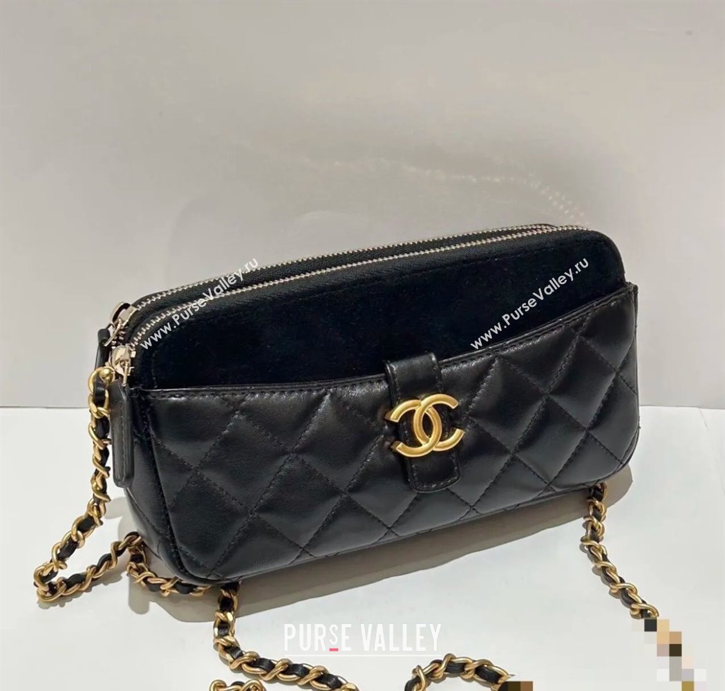 Chanel Suede Shiny Lambskin Zipped Phone Holder with Chain Black2 2025 AP4743 (yezi-250812069)