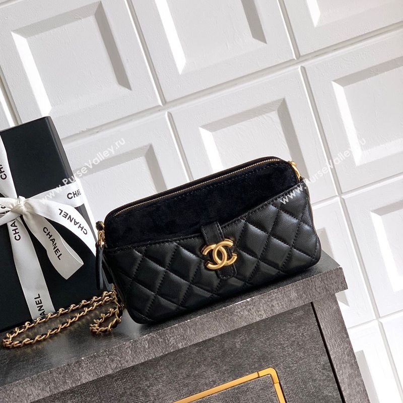 Chanel Suede Shiny Lambskin Zipped Phone Holder with Chain Black2 2025 AP4743 (yezi-250812069)
