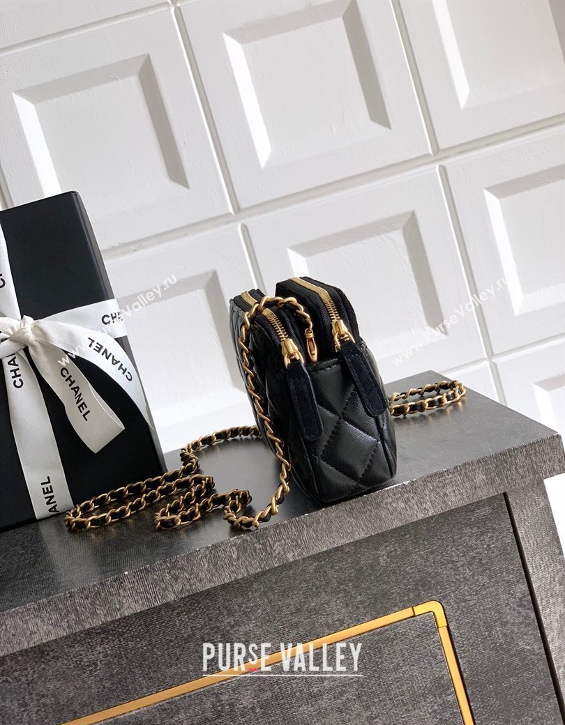 Chanel Suede Shiny Lambskin Zipped Phone Holder with Chain Black2 2025 AP4743 (yezi-250812069)