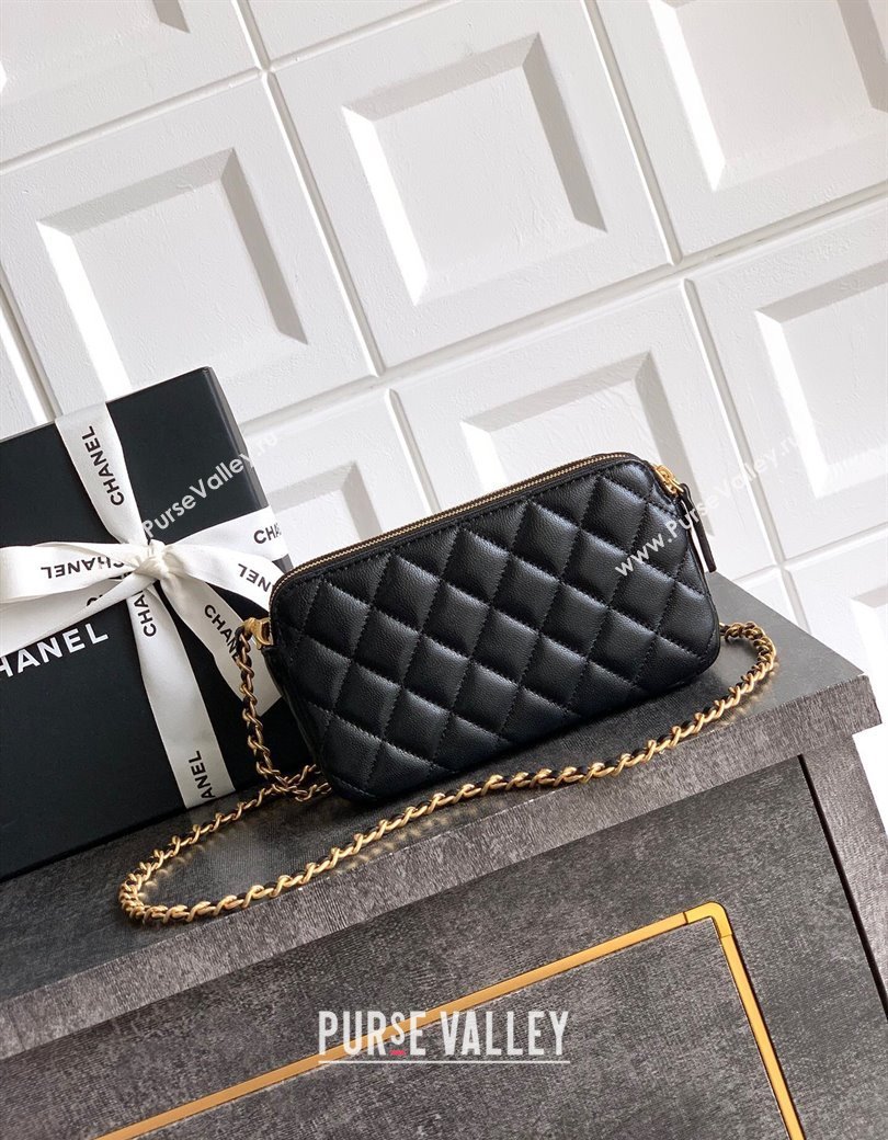 Chanel Suede Shiny Lambskin Zipped Phone Holder with Chain Black2 2025 AP4743 (yezi-250812069)