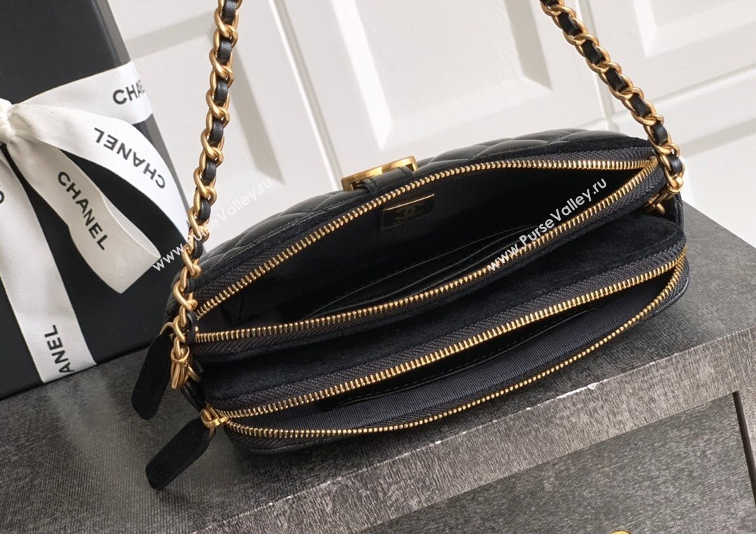 Chanel Suede Shiny Lambskin Zipped Phone Holder with Chain Black2 2025 AP4743 (yezi-250812069)