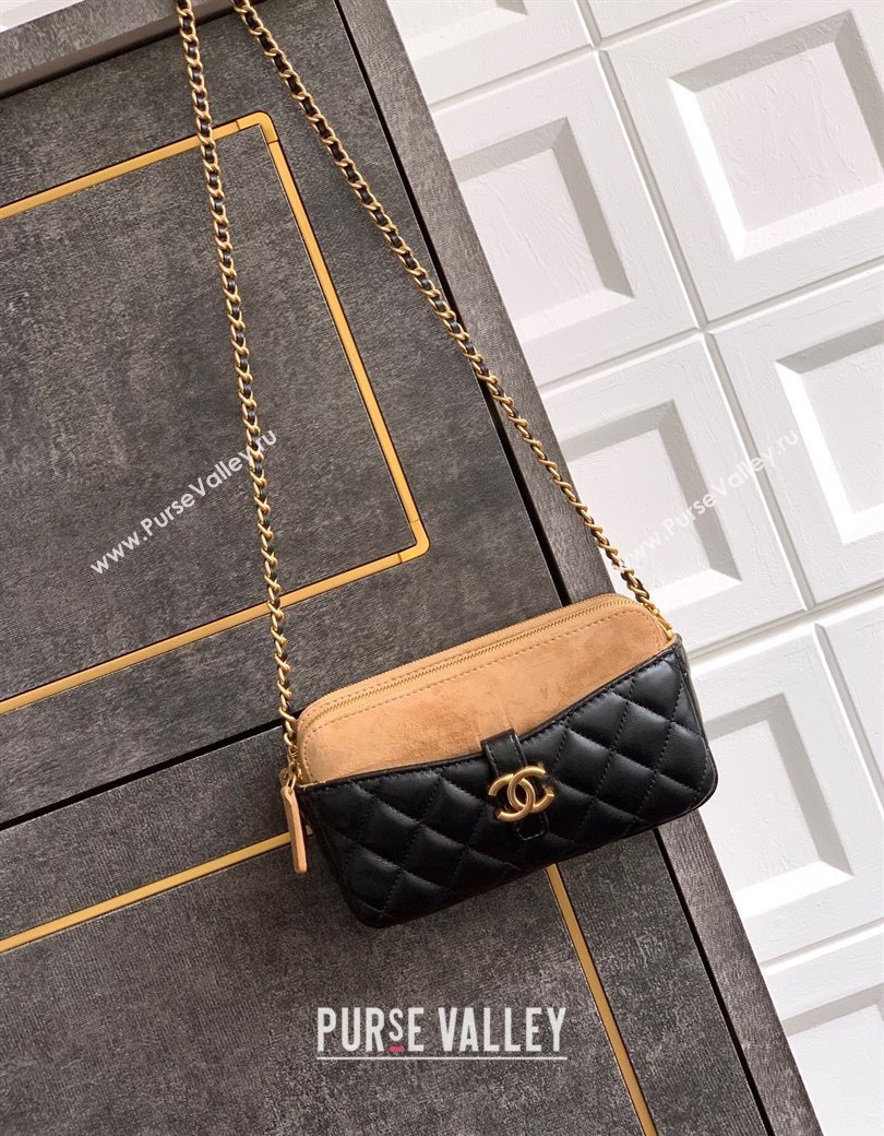 Chanel Suede Shiny Lambskin Zipped Phone Holder with Chain Black/Beige 2025 AP4743 (yezi-250812070)
