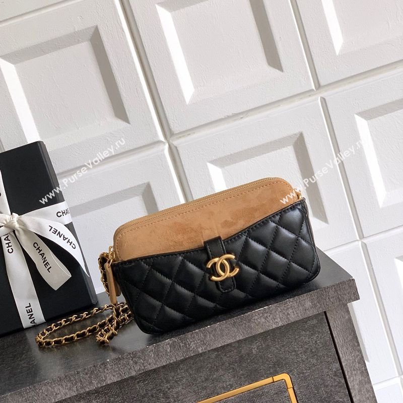 Chanel Suede Shiny Lambskin Zipped Phone Holder with Chain Black/Beige 2025 AP4743 (yezi-250812070)