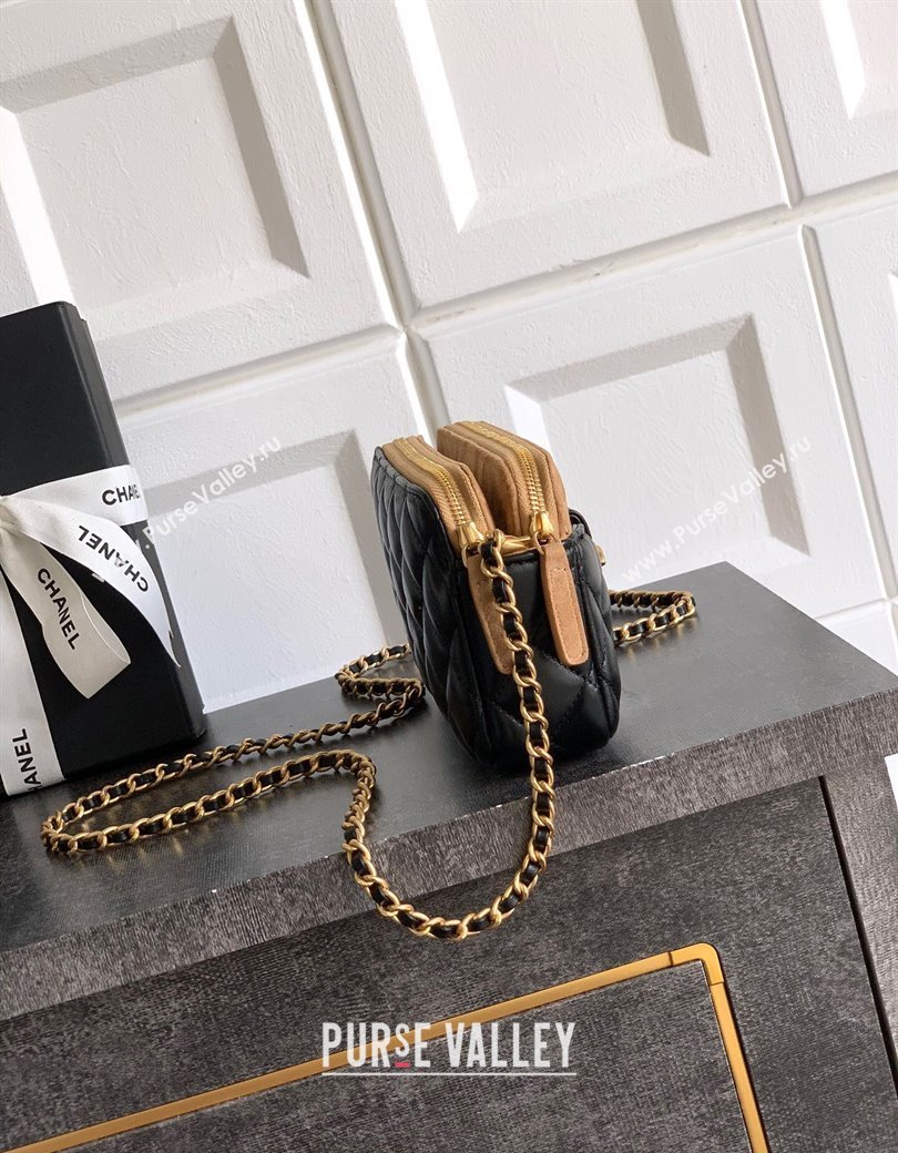 Chanel Suede Shiny Lambskin Zipped Phone Holder with Chain Black/Beige 2025 AP4743 (yezi-250812070)
