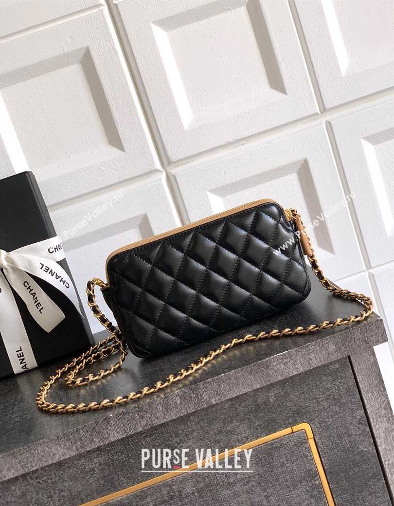 Chanel Suede Shiny Lambskin Zipped Phone Holder with Chain Black/Beige 2025 AP4743 (yezi-250812070)