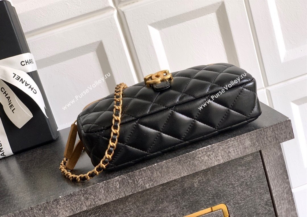 Chanel Suede Shiny Lambskin Zipped Phone Holder with Chain Black/Beige 2025 AP4743 (yezi-250812070)