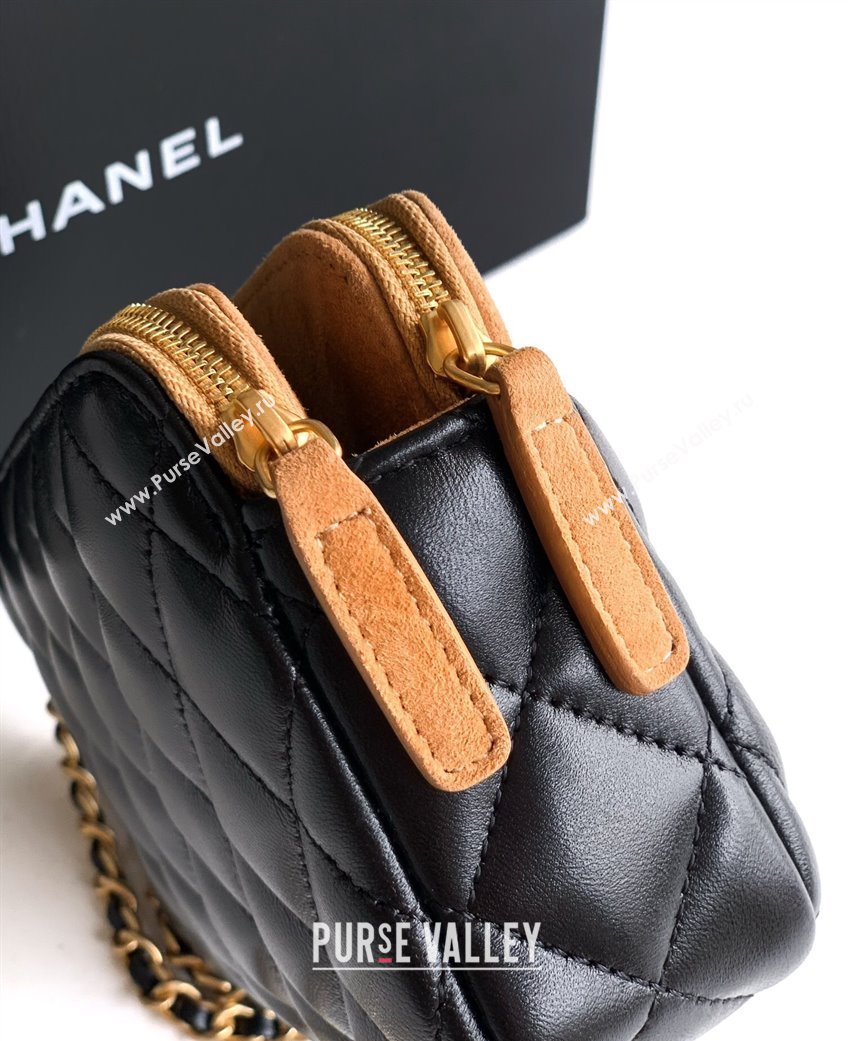 Chanel Suede Shiny Lambskin Zipped Phone Holder with Chain Black/Beige 2025 AP4743 (yezi-250812070)