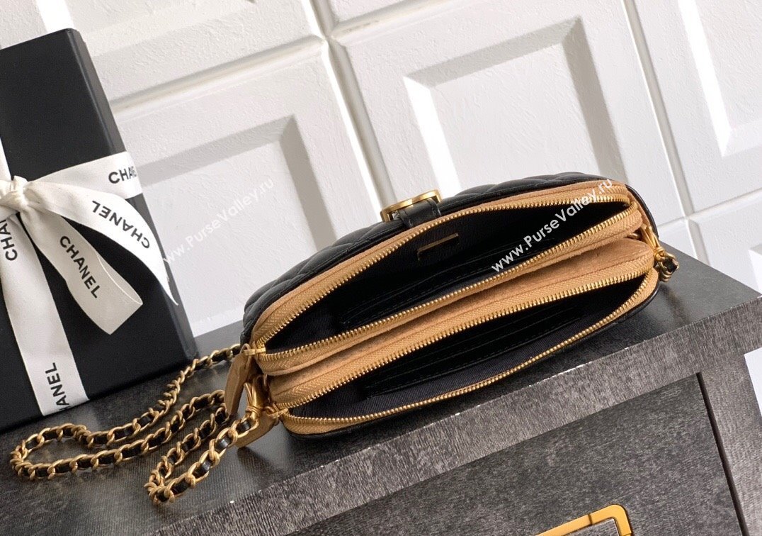 Chanel Suede Shiny Lambskin Zipped Phone Holder with Chain Black/Beige 2025 AP4743 (yezi-250812070)