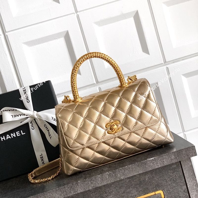 Chanel Coco Handle Calfskin Small Flap Bag with Woven Top with Strass Gold 2025 (yezi-250812009)