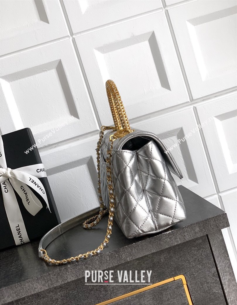 Chanel Coco Handle Calfskin Small Flap Bag with Woven Top with Strass Silver 2025 (yezi-250812010)