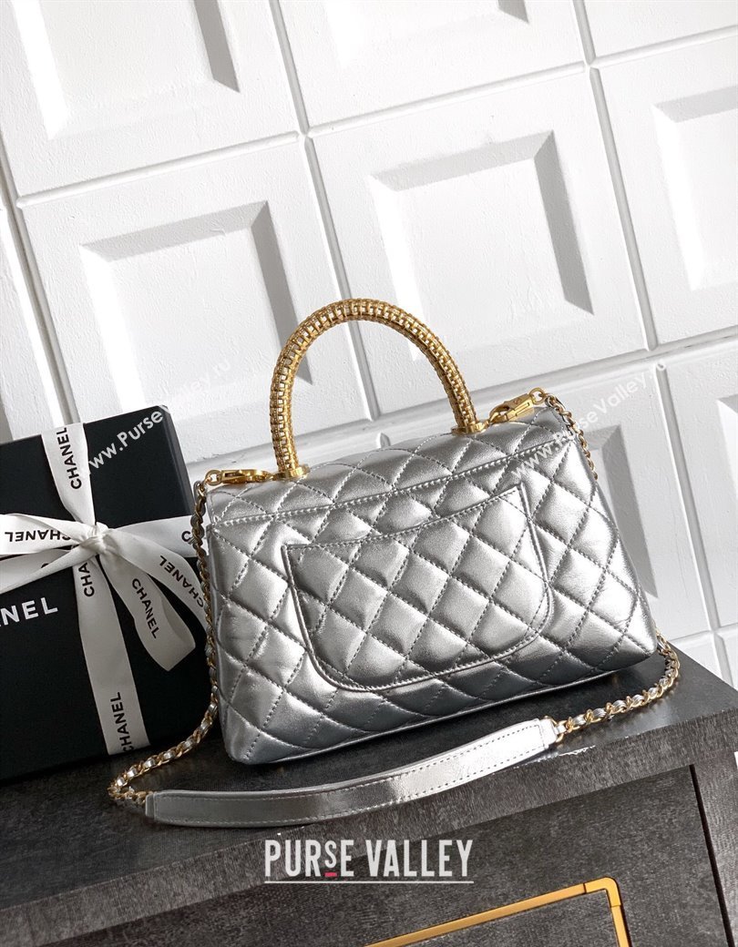 Chanel Coco Handle Calfskin Small Flap Bag with Woven Top with Strass Silver 2025 (yezi-250812010)