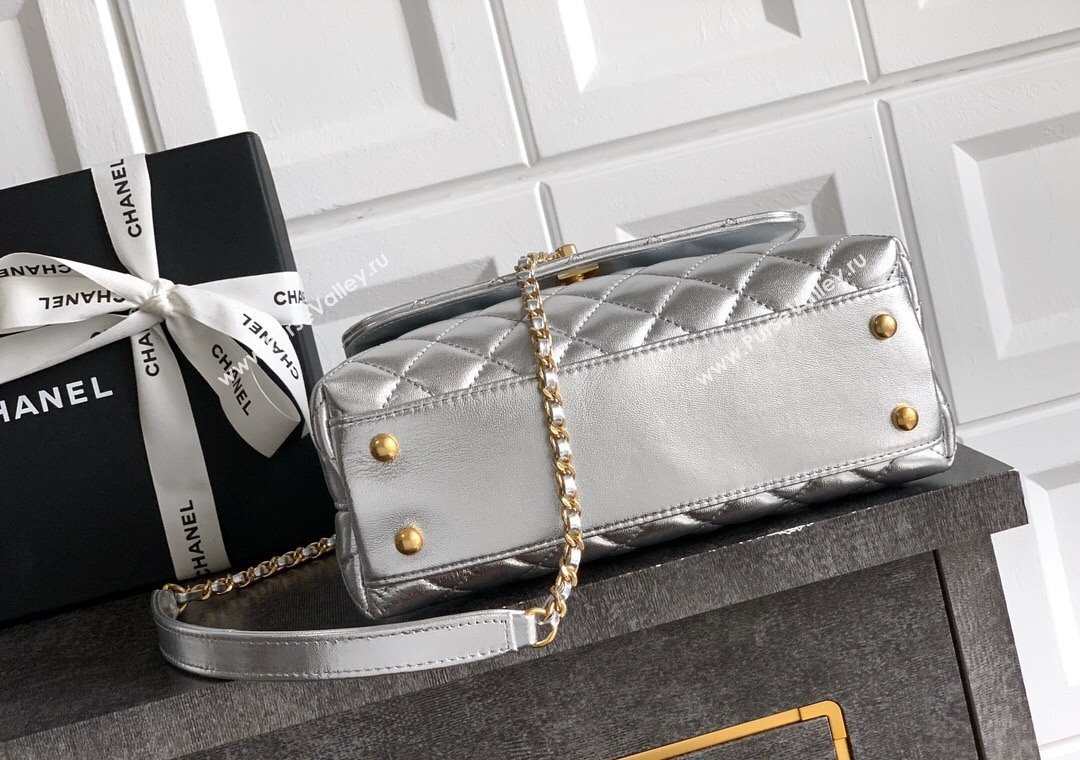 Chanel Coco Handle Calfskin Small Flap Bag with Woven Top with Strass Silver 2025 (yezi-250812010)