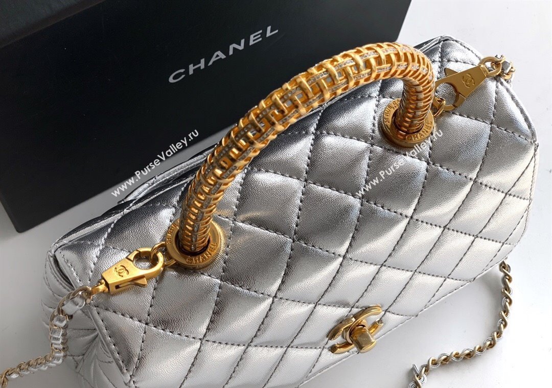 Chanel Coco Handle Calfskin Small Flap Bag with Woven Top with Strass Silver 2025 (yezi-250812010)